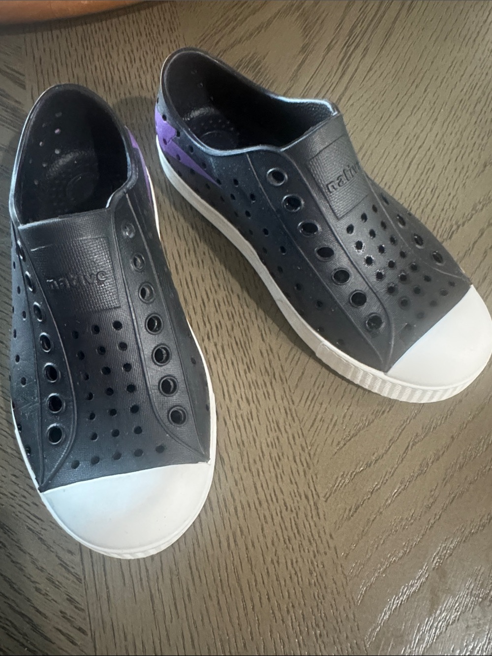 Native Black Slip-On Sneakers with White Toe and Purple Heel Accent size 13